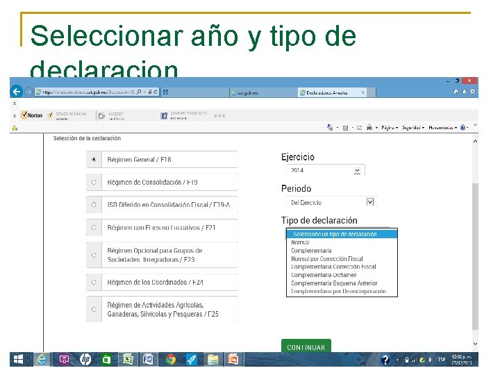 Seleccionar año y tipo de declaracion 