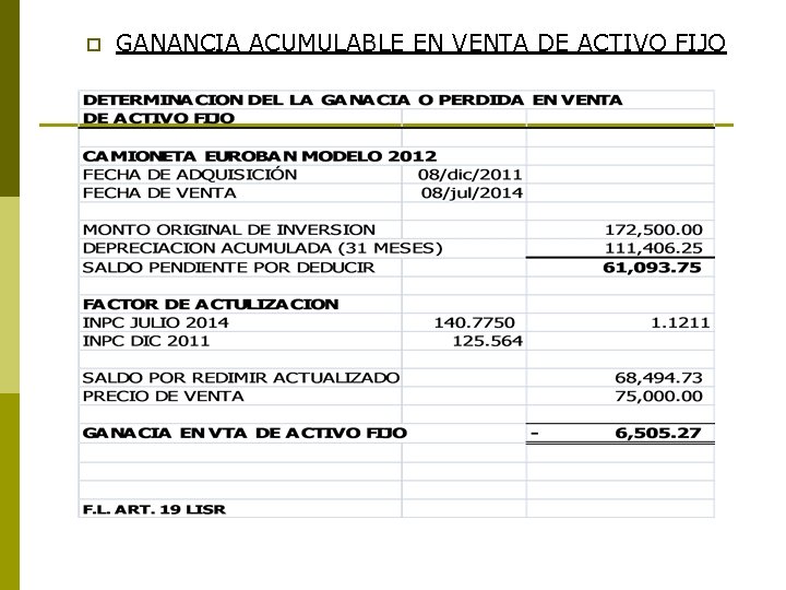 p GANANCIA ACUMULABLE EN VENTA DE ACTIVO FIJO 