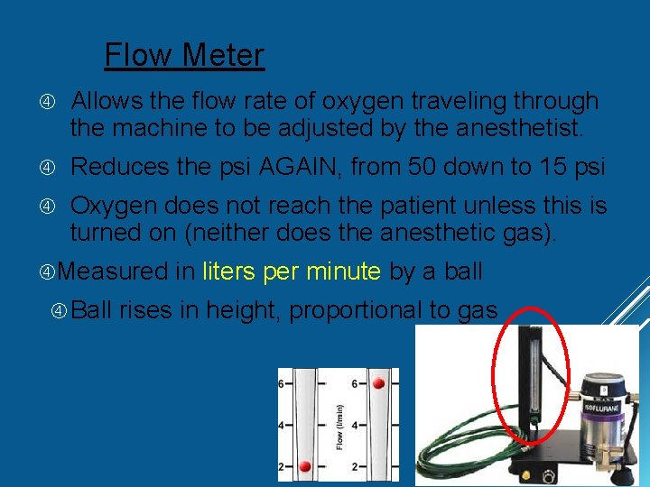 Flow Meter Allows the flow rate of oxygen traveling through the machine to be