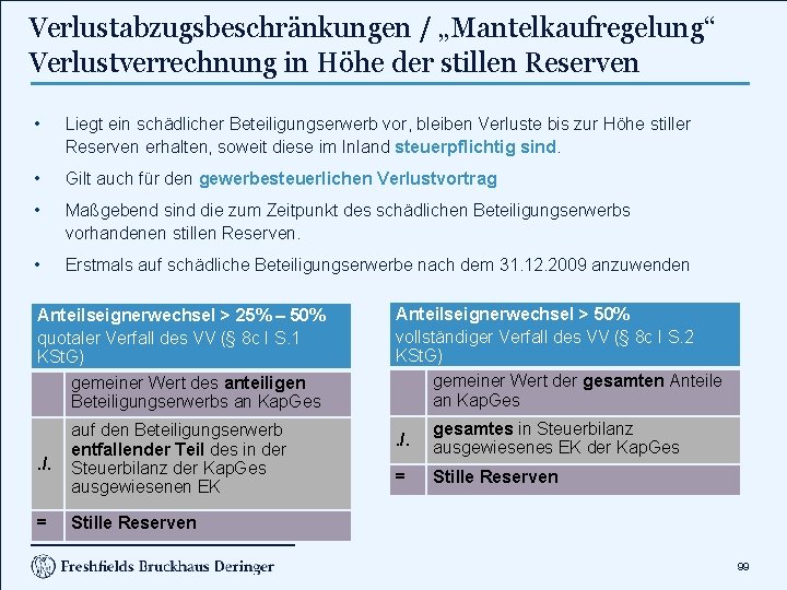 Verlustabzugsbeschränkungen / „Mantelkaufregelung“ Verlustverrechnung in Höhe der stillen Reserven • Liegt ein schädlicher Beteiligungserwerb