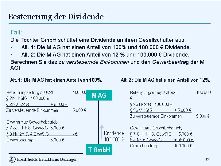 Besteuerung der Dividende Fall: Die Tochter Gmb. H schüttet eine Dividende an ihren Gesellschafter