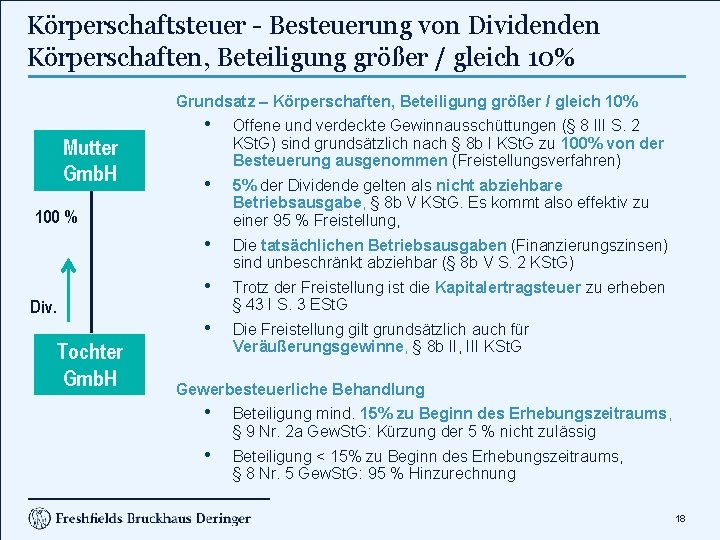 Körperschaftsteuer - Besteuerung von Dividenden Körperschaften, Beteiligung größer / gleich 10% Grundsatz – Körperschaften,