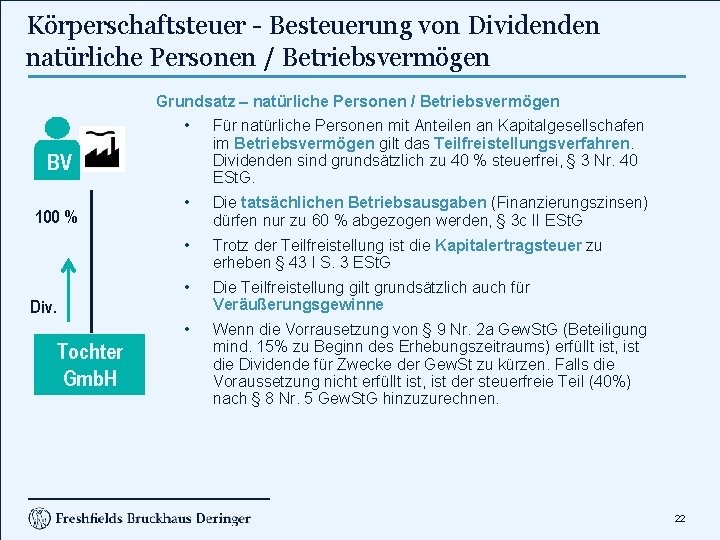 Körperschaftsteuer - Besteuerung von Dividenden natürliche Personen / Betriebsvermögen Grundsatz – natürliche Personen /