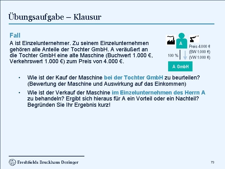 Übungsaufgabe – Klausur Fall A ist Einzelunternehmer. Zu seinem Einzelunternehmen gehören alle Anteile der