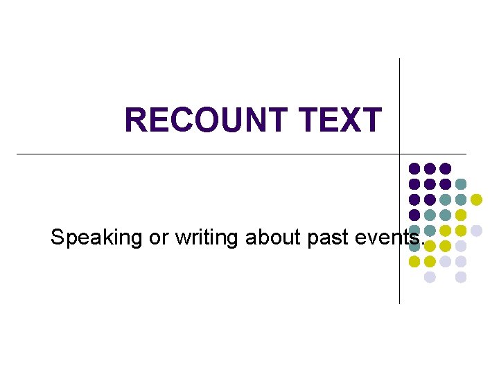 RECOUNT TEXT Speaking or writing about past events. 