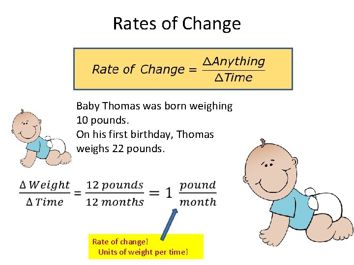 Rates of Change Baby Thomas was born weighing 10 pounds. On his first birthday, Rates of Change Baby Thomas was born weighing 10 pounds. On his first birthday,