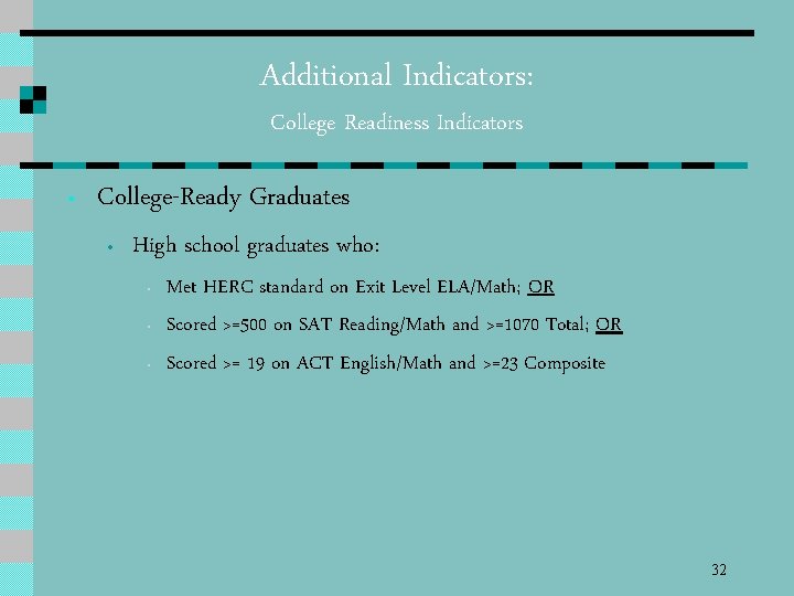 Additional Indicators: College Readiness Indicators • College-Ready Graduates • High school graduates who: •
