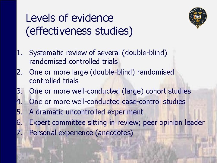 Levels of evidence (effectiveness studies) 1. Systematic review of several (double-blind) randomised controlled trials