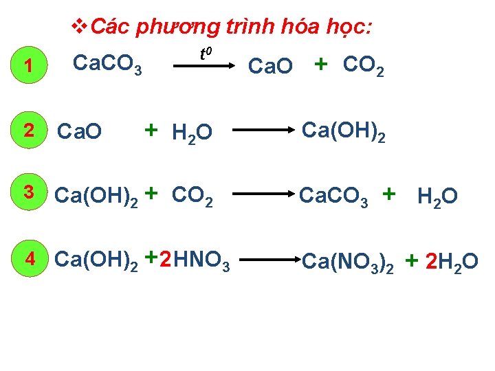 v. Các phương trình hóa học: 1 Ca. CO 3 t 0 Ca. O v. Các phương trình hóa học: 1 Ca. CO 3 t 0 Ca. O
