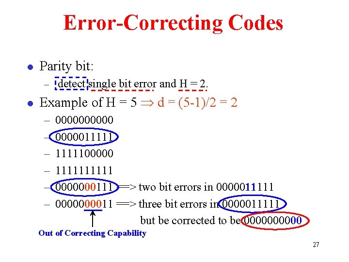 Error-Correcting Codes l Parity bit: – detect single bit error and H = 2.