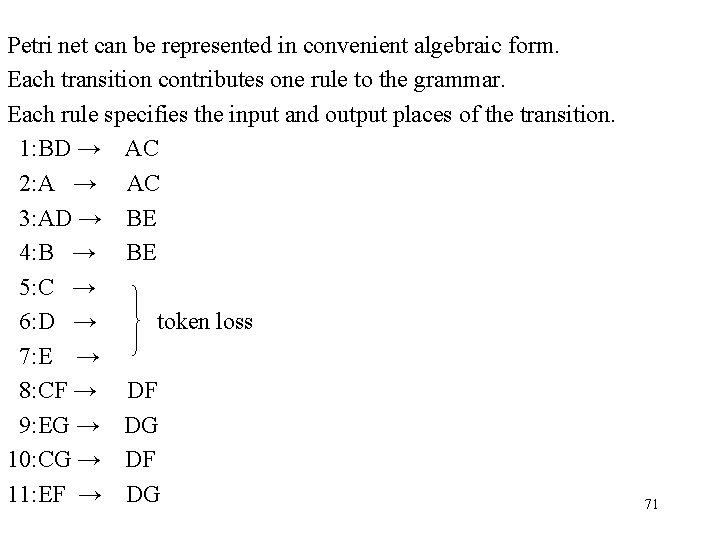 Petri net can be represented in convenient algebraic form. Each transition contributes one rule