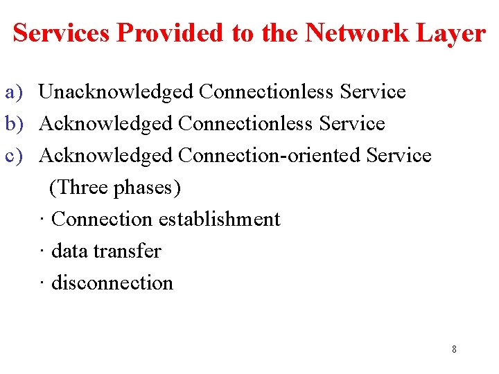 Services Provided to the Network Layer a) Unacknowledged Connectionless Service b) Acknowledged Connectionless Service