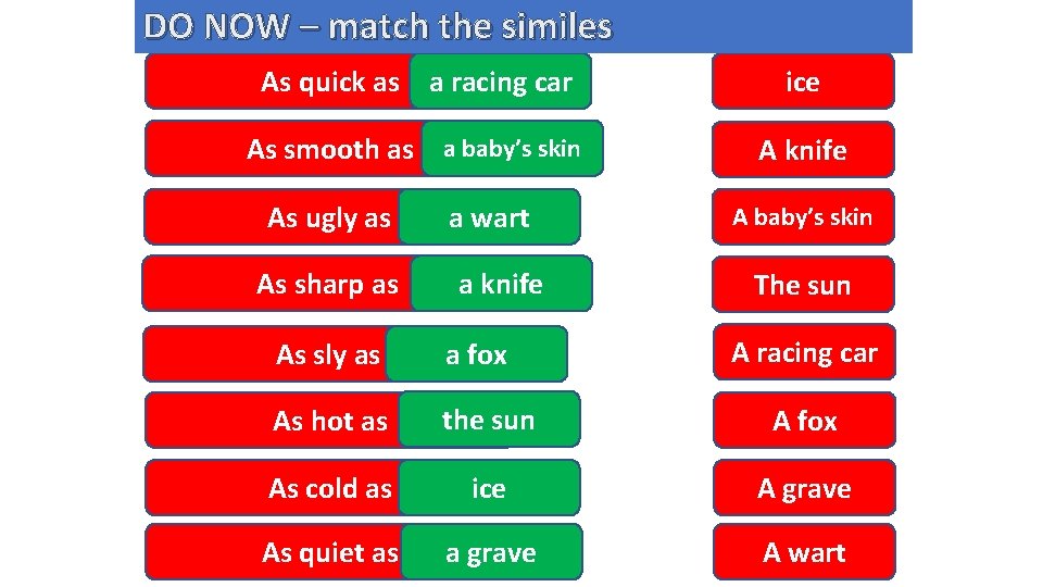 DO NOW – match the similes As quick as a racing car ice As