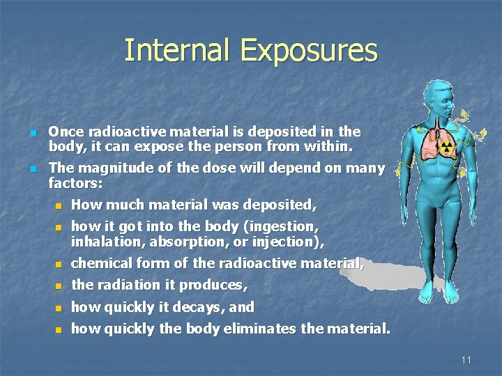 Internal Exposures n n Once radioactive material is deposited in the body, it can