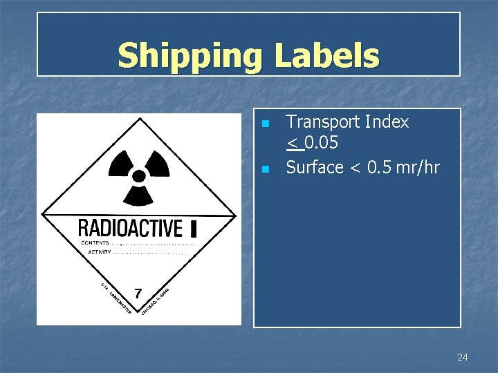 Shipping Labels n n Transport Index < 0. 05 Surface < 0. 5 mr/hr