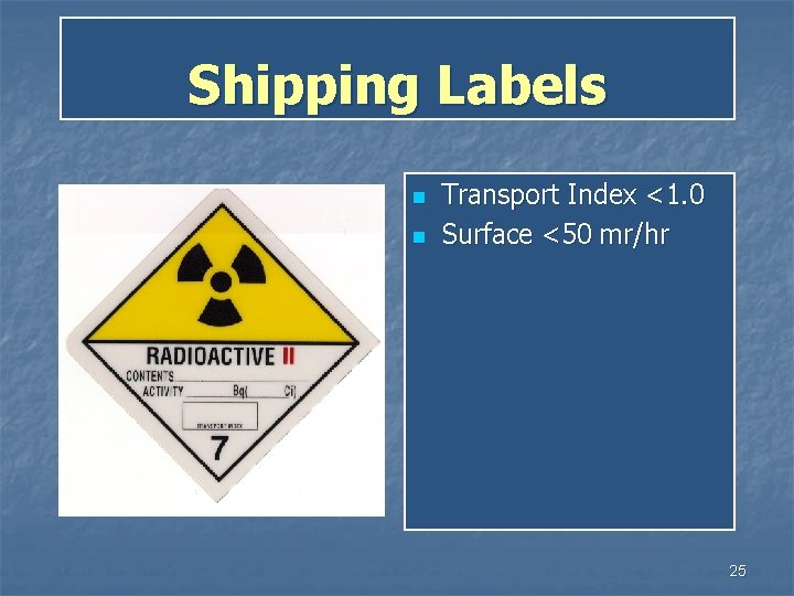 Shipping Labels n n Transport Index <1. 0 Surface <50 mr/hr 25 