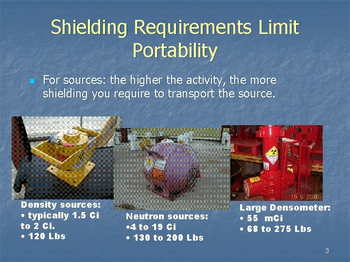 Shielding Requirements Limit Portability n For sources: the higher the activity, the more shielding