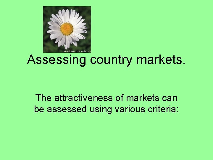 Assessing country markets. The attractiveness of markets can be assessed using various criteria: 