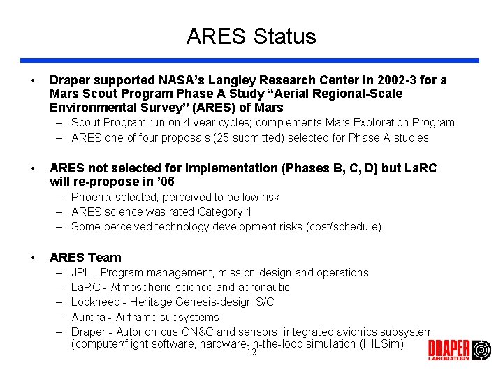 ARES Status • Draper supported NASA’s Langley Research Center in 2002 -3 for a