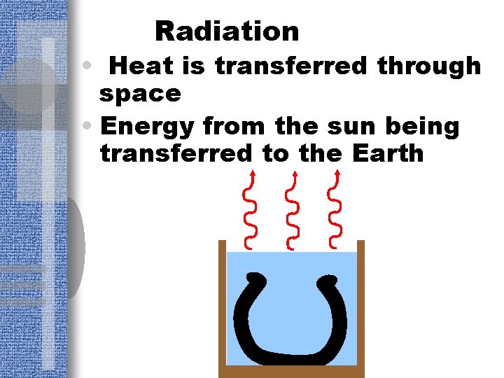 Radiation • Heat is transferred through space • Energy from the sun being transferred