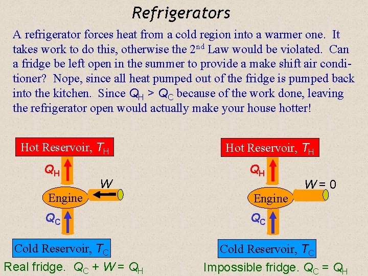 Refrigerators A refrigerator forces heat from a cold region into a warmer one. It