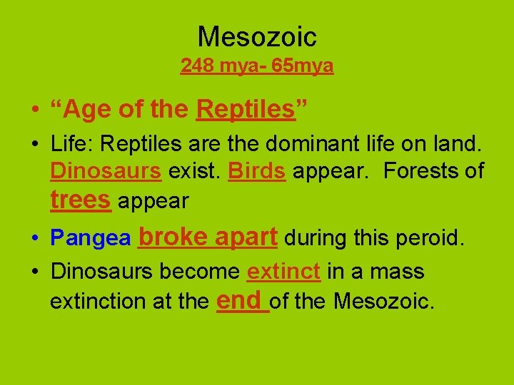 Mesozoic 248 mya- 65 mya • “Age of the Reptiles” • Life: Reptiles are