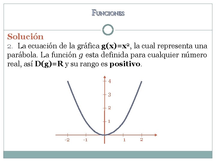 FUNCIONES Solución 2. La ecuación de la gráfica g(x)=x 2, la cual representa una