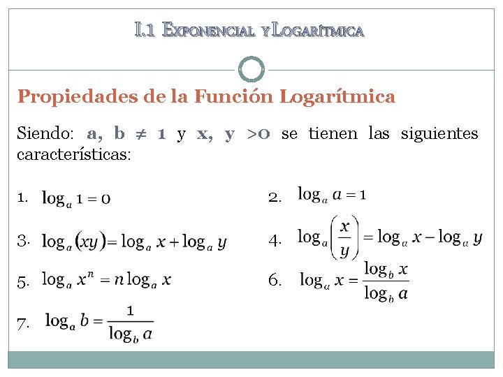I. 1 EXPONENCIAL Y LOGARÍTMICA Propiedades de la Función Logarítmica Siendo: a, b 1