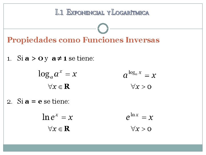 I. 1 EXPONENCIAL Y LOGARÍTMICA Propiedades como Funciones Inversas 1. Si a > 0