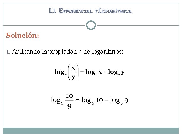 I. 1 EXPONENCIAL Y LOGARÍTMICA Solución: 1. Aplicando la propiedad 4 de logaritmos: 