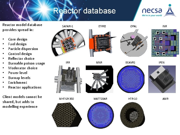 Reactor database Reactor model database provides spread in: • • • Core design Fuel Reactor database Reactor model database provides spread in: • • • Core design Fuel