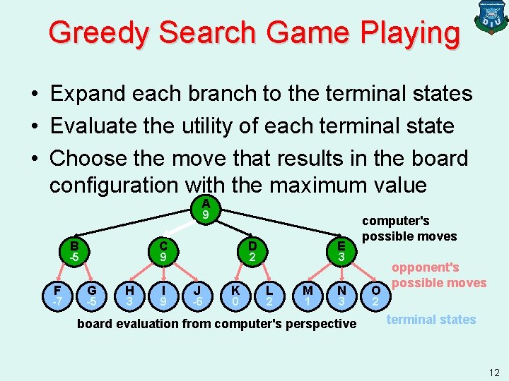 Greedy Search Game Playing • Expand each branch to the terminal states • Evaluate