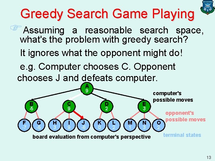 Greedy Search Game Playing FAssuming a reasonable search space, what's the problem with greedy