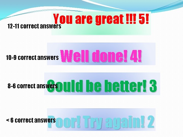 You are great !!! 5! 12 -11 correct answers 10 -9 correct answers Well