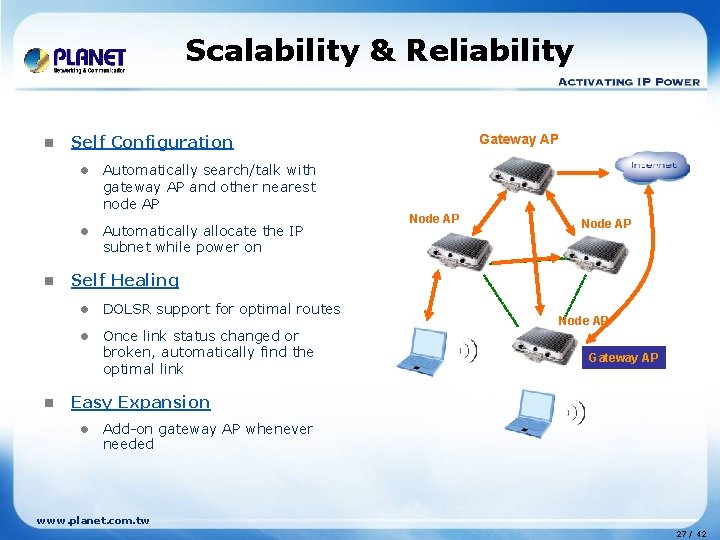 Scalability & Reliability n n n Gateway AP Self Configuration l Automatically search/talk with Scalability & Reliability n n n Gateway AP Self Configuration l Automatically search/talk with