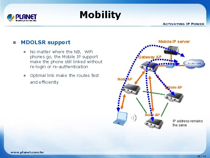 Mobility n MDOLSR support l l Mobile IP server No matter where the NB, Mobility n MDOLSR support l l Mobile IP server No matter where the NB,
