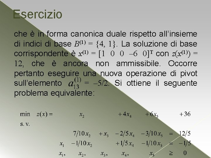 Esercizio che è in forma canonica duale rispetto all’insieme di indici di base B(1)