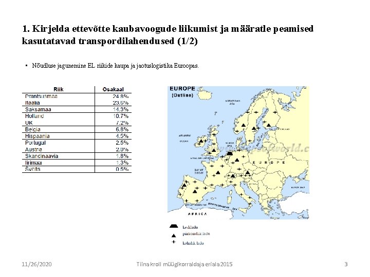 1. Kirjelda ettevõtte kaubavoogude liikumist ja määratle peamised kasutatavad transpordilahendused (1/2) • Nõudluse jagunemine