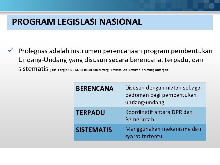 PROGRAM LEGISLASI NASIONAL ü Prolegnas adalah instrumen perencanaan program pembentukan Undang yang disusun secara