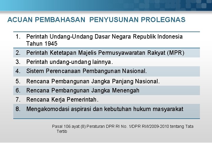 ACUAN PEMBAHASAN PENYUSUNAN PROLEGNAS 1. Perintah Undang-Undang Dasar Negara Republik Indonesia Tahun 1945 2.