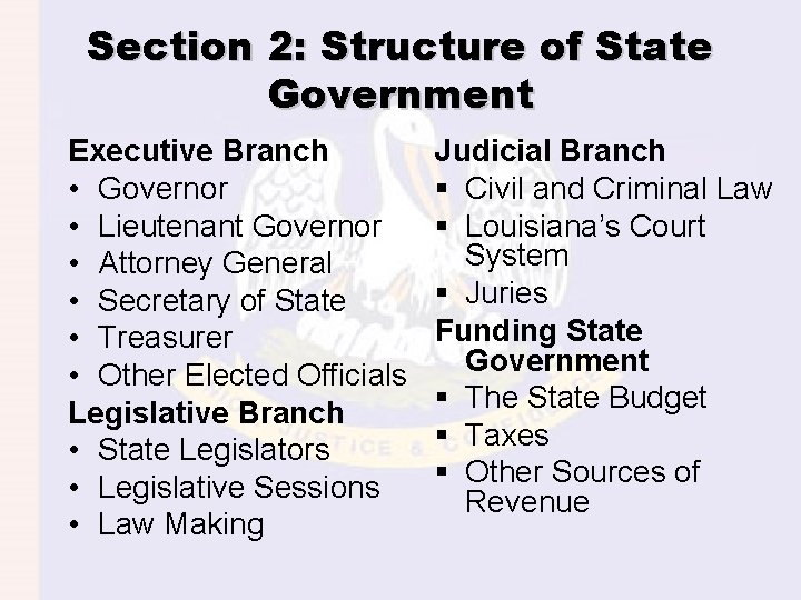 Section 2: Structure of State Government Executive Branch • Governor • Lieutenant Governor •