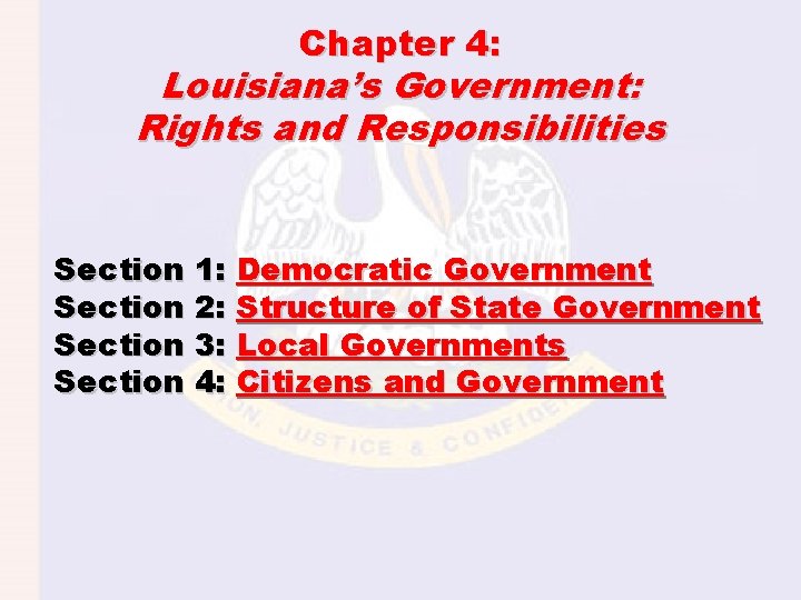 Chapter 4: Louisiana’s Government: Rights and Responsibilities Section 1: Democratic Government Section 2: Structure