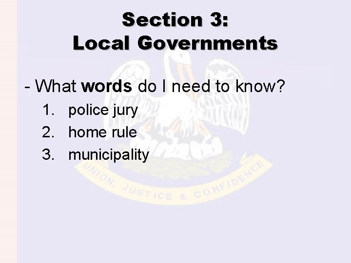 Section 3: Local Governments - What words do I need to know? 1. police