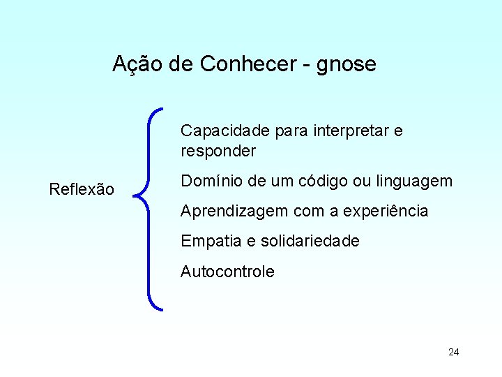 Ação de Conhecer - gnose Capacidade para interpretar e responder Reflexão Domínio de um