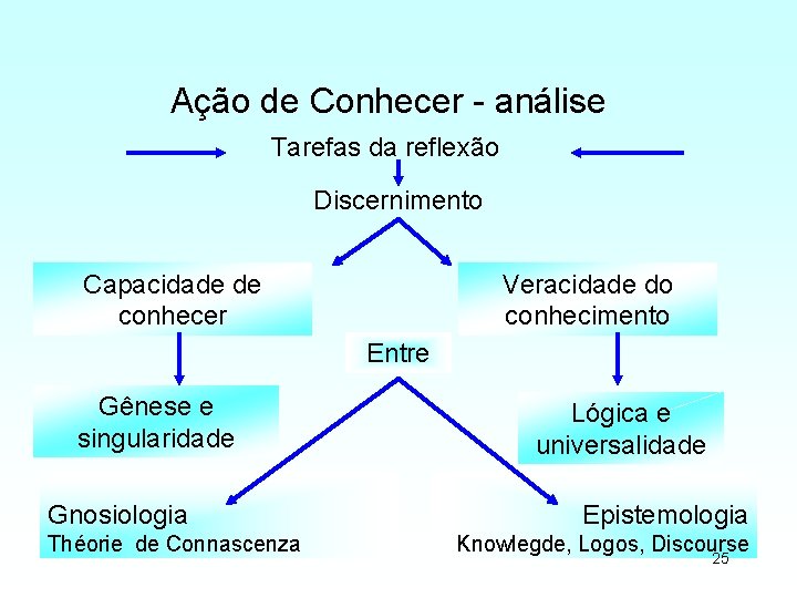 Ação de Conhecer - análise Tarefas da reflexão Discernimento Capacidade de conhecer Veracidade do
