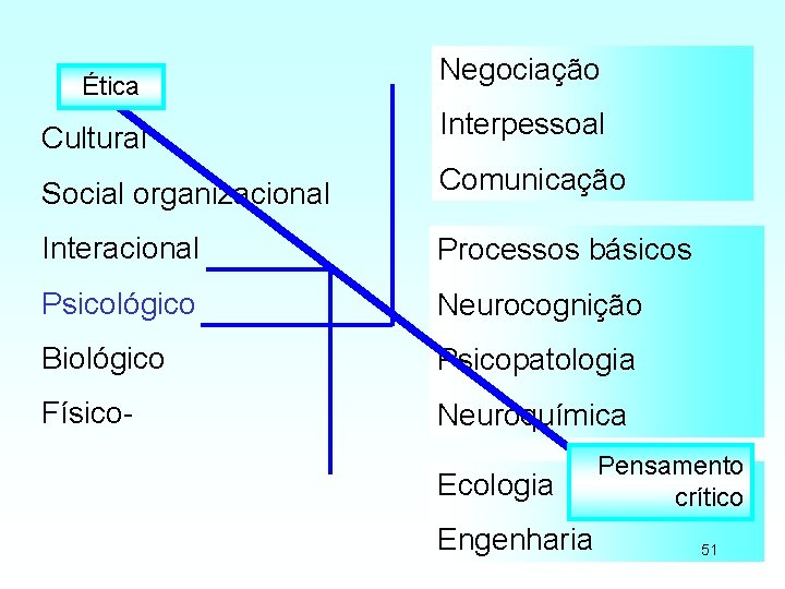Ética Negociação Cultural Interpessoal Social organizacional Comunicação Interacional Processos básicos Psicológico Neurocognição Biológico Psicopatologia