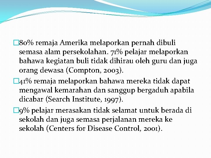 � 80% remaja Amerika melaporkan pernah dibuli semasa alam persekolahan. 71% pelajar melaporkan bahawa