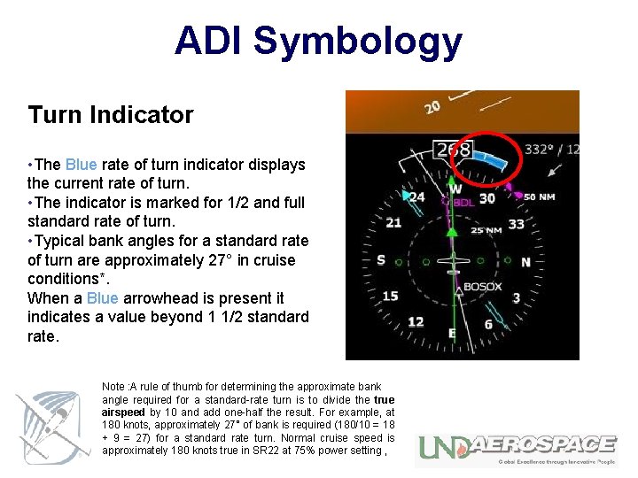 ADI Symbology Turn Indicator • The Blue rate of turn indicator displays the current