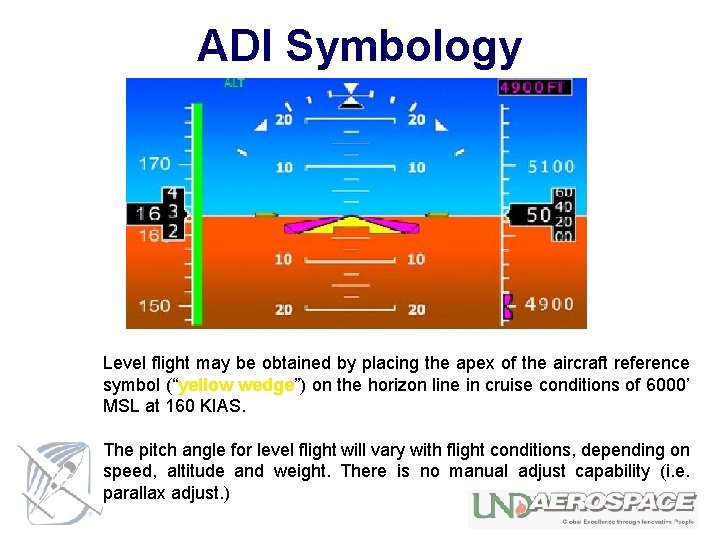 ADI Symbology Level flight may be obtained by placing the apex of the aircraft