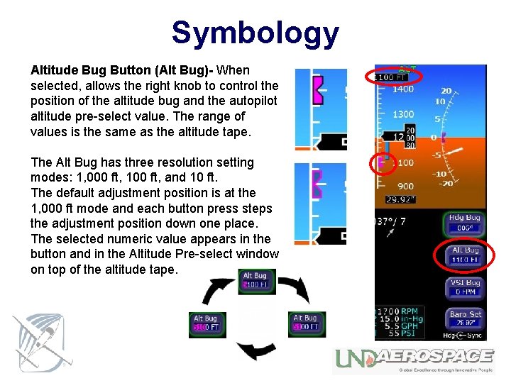 Symbology Altitude Bug Button (Alt Bug)- When selected, allows the right knob to control